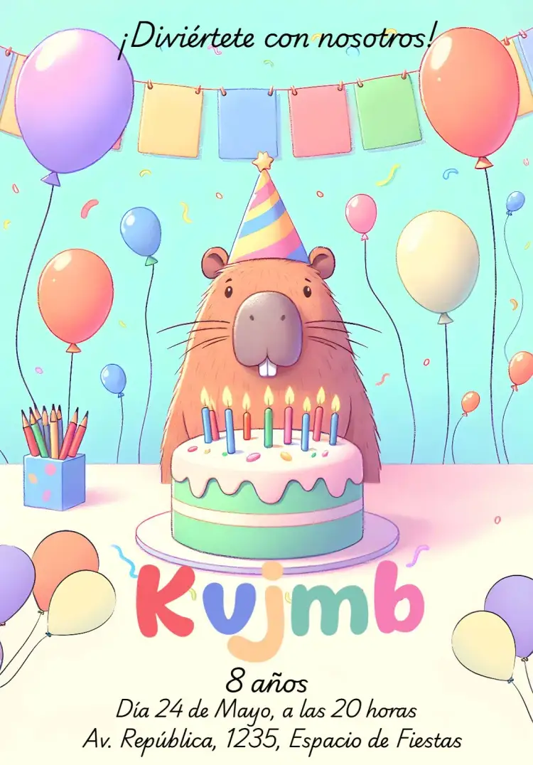 Invitación Capivara Capibara – tema Cumpleaños Infantil colorido, divertido, animal, lúdico, temática de fiesta, infantil