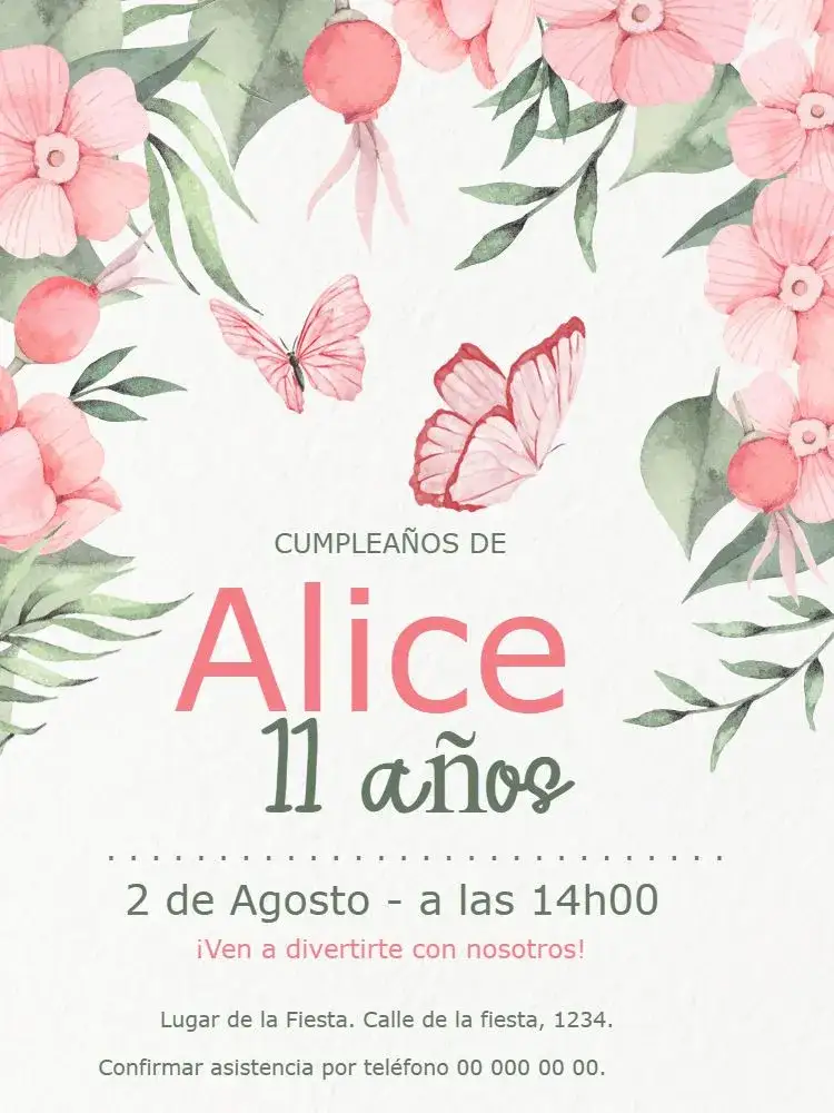 Invitación Jardín Mariposas – tema Cumpleaños Infantil floral, colorido, alegre, primavera, natural, divertido