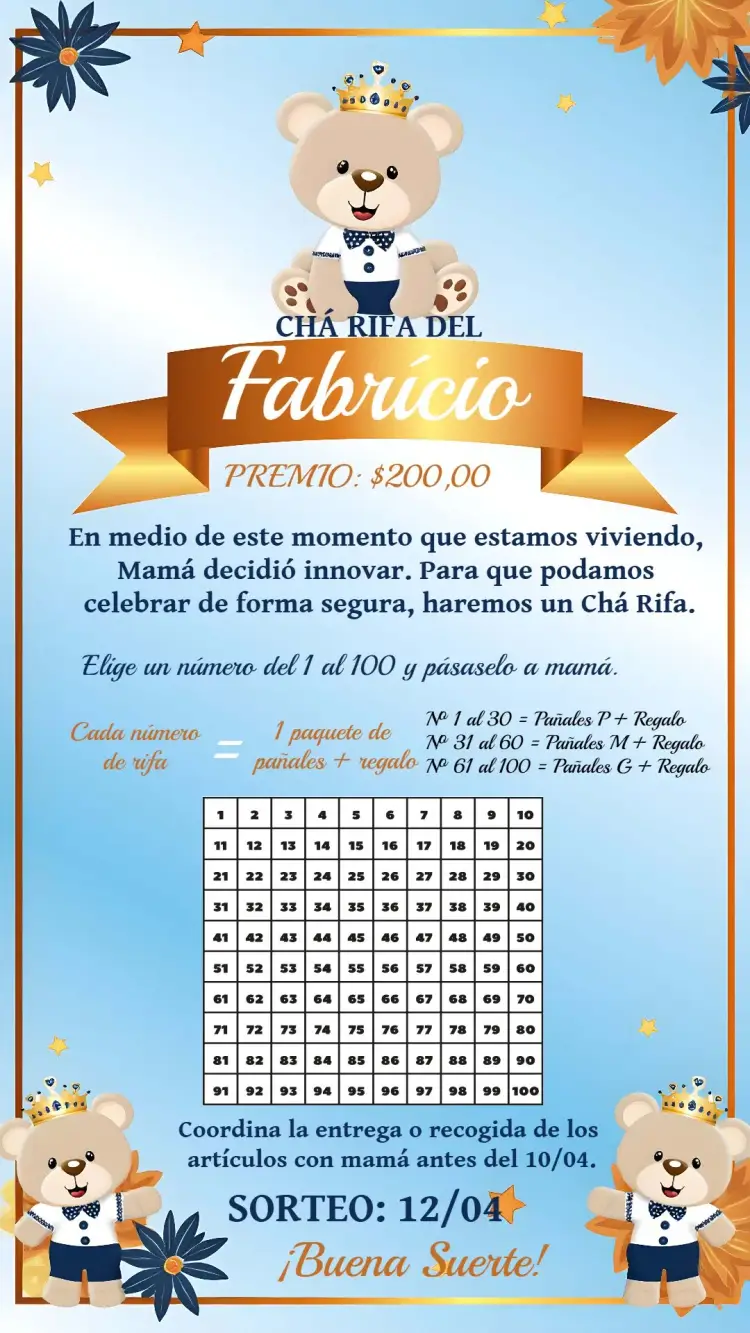 Invitación Té Rifa Osito Príncipe Dorado