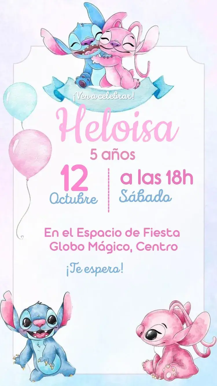 Invitación Stitch y Angel acuarela