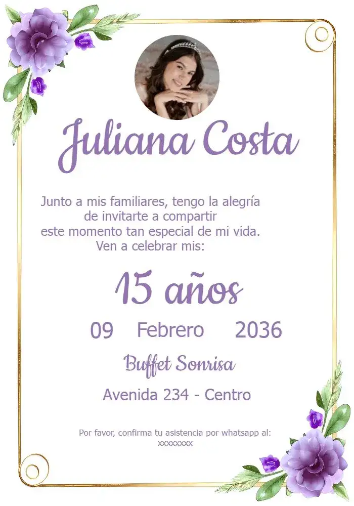 Invitación 15 Años Floral Lila Con Foto Verde – tema 15 años floral, romántico, elegante, moderno, dorado, juvenil