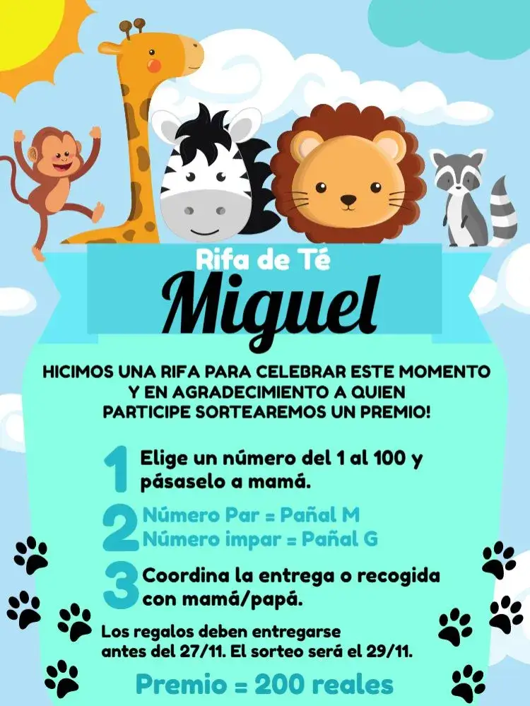 Invitación Té Rifa Safari Animales – tema Té Rifa safari, animales, colores vibrantes, divertido, infantil, aventura