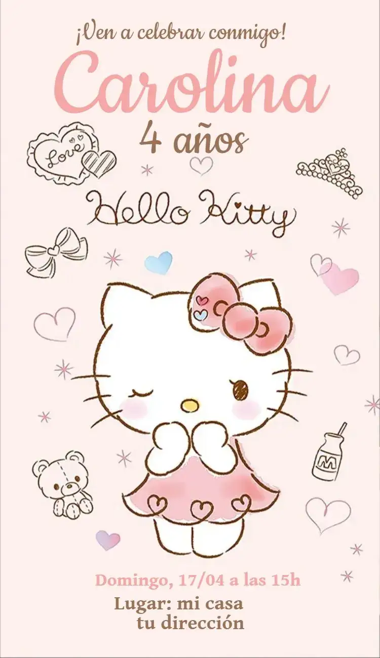 Invitación Hello Kitty 11 – tema Cumpleaños rosa, infantil, colorido, divertido, temático, moderno