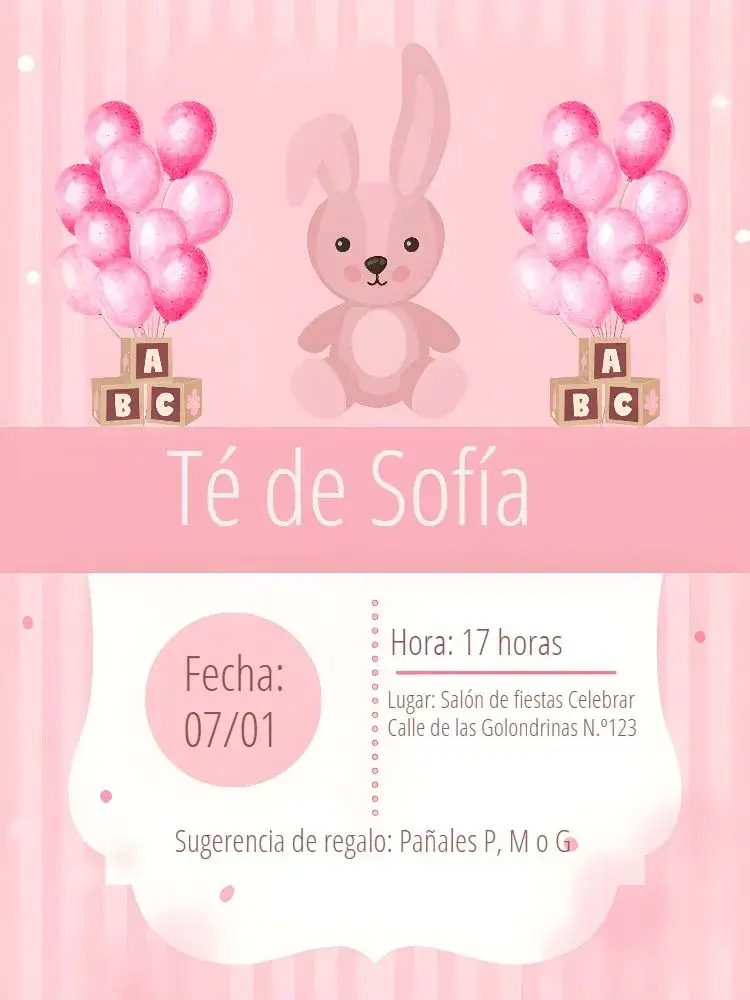 Invitación Baby Shower Conejita Rosa Globo – tema Baby Shower conejita, rosa, globos de colores, rayas, divertido, infantil