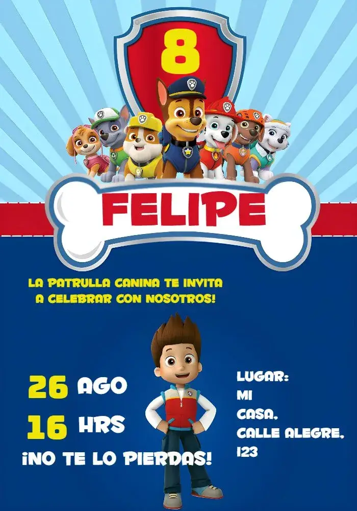 Invitación Patrulla Canina Azul editable y personalizable