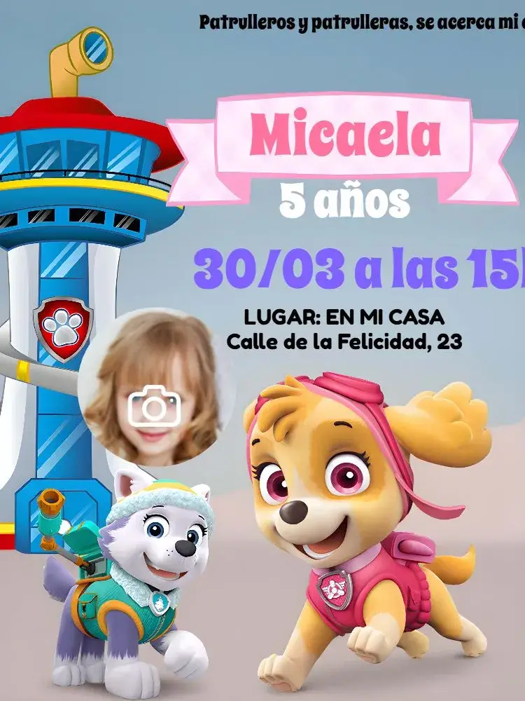 Invitación Patrulla Canina Con Foto de Niña