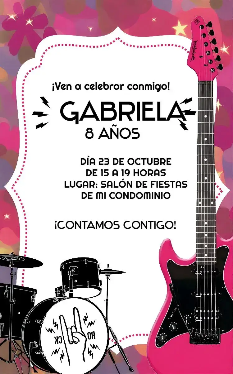 Invitación Banda de Rock Chicas Instrumentos – tema Más buscados vibrante, moderno, musical, colorido, rock n roll, divertido