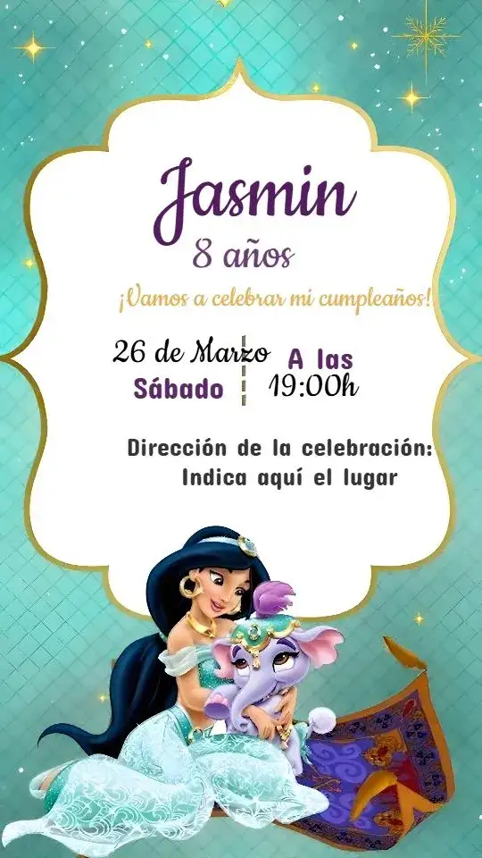 Invitación Jasmine Roxo – tema Más buscados mágico, árabe, colorido, de fantasía, temática de Disney