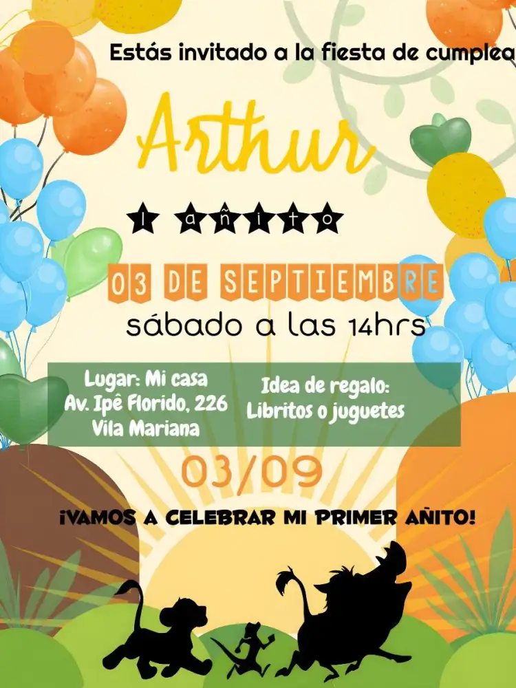 Invitación Rey León Selva – tema Cumpleaños Infantil selva, azul, divertido, colorido, Disney, animales