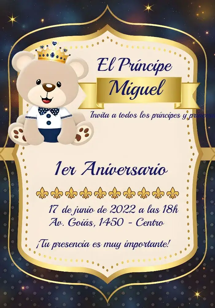 Invitación Oso Príncipe Dorado