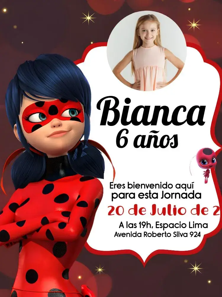 Invitación Ladybug Con Foto Negro
