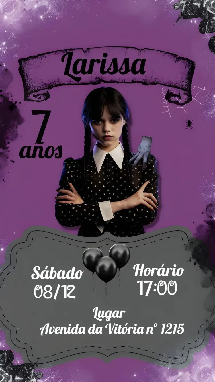 Invitación Wandinha Addams Púrpura – tema Más buscados púrpura, oscuro, divertido, gótico, ilustraciones de personajes, fiesta temática