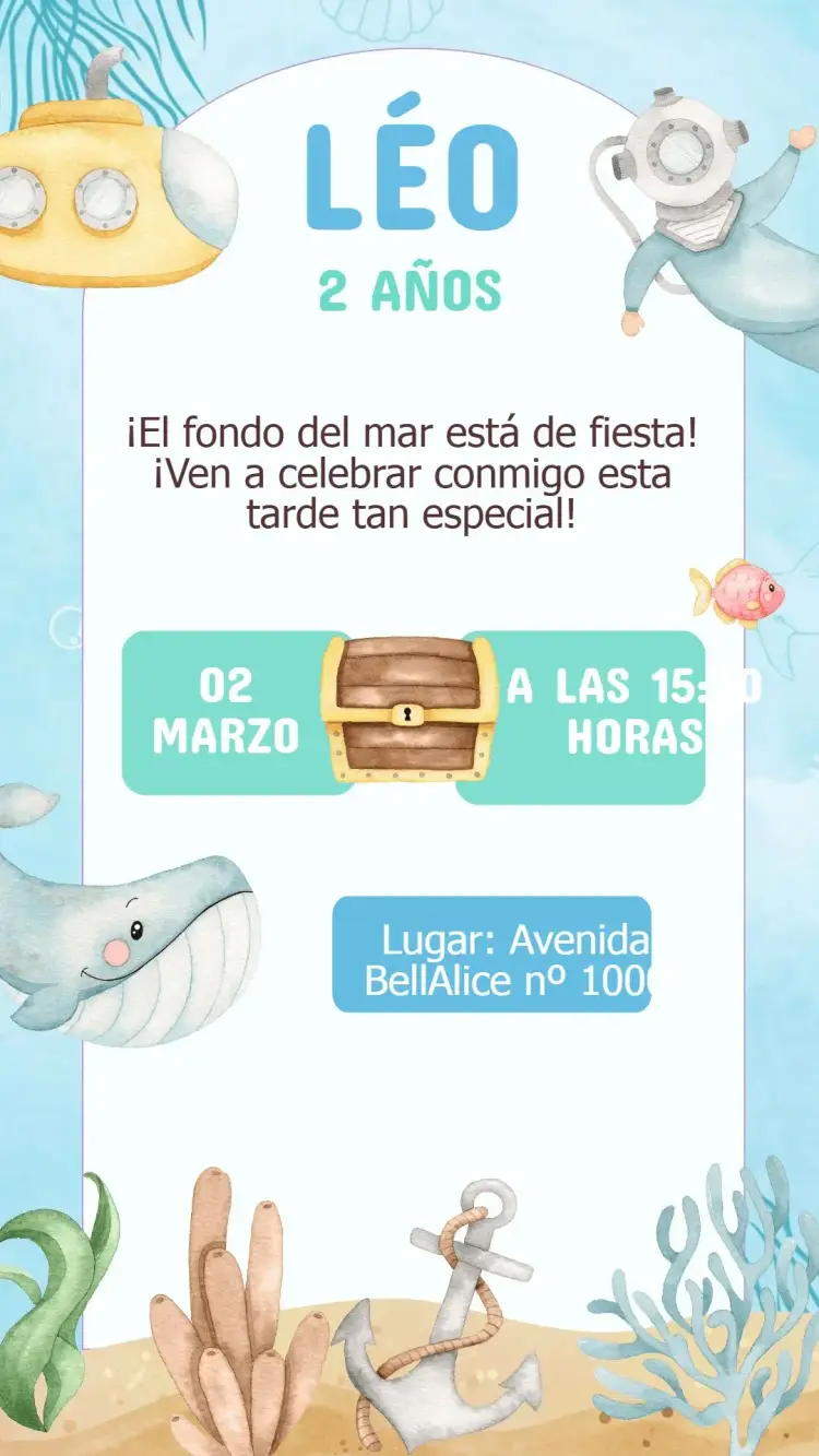 Invitación Cumpleaños Fondo del Mar Acuarela