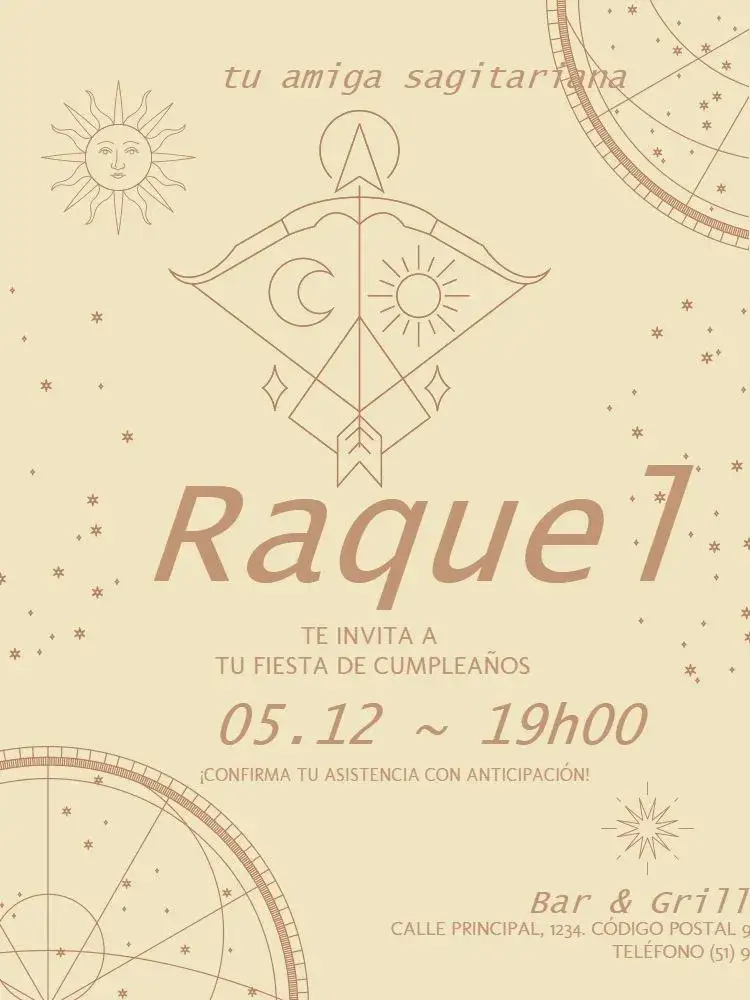 Invitación Signos Sagitario Delicado – tema Cumpleaños Infantil delicado, místico, claro, beige, estrellas, astrológico
