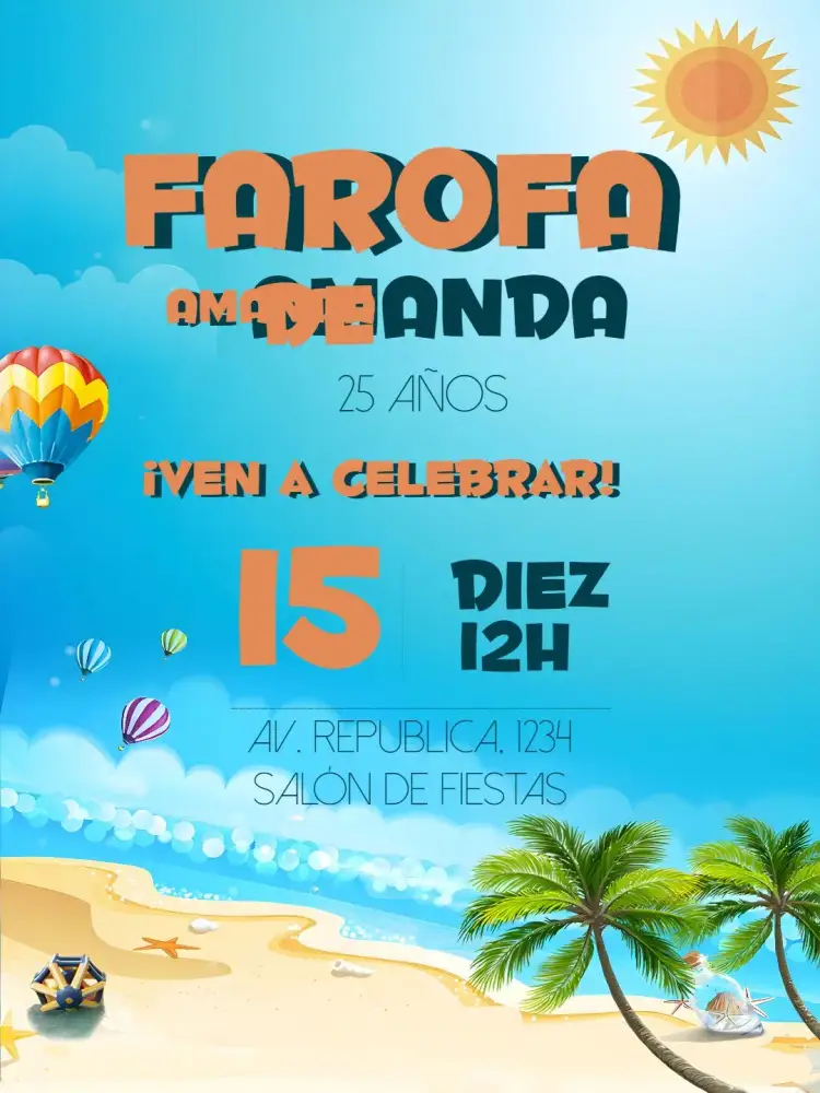 Invitación Farofa Gkay – tema Despedida de Soltera tropical, colorido, moderno, alegre, praiano, descontraído
