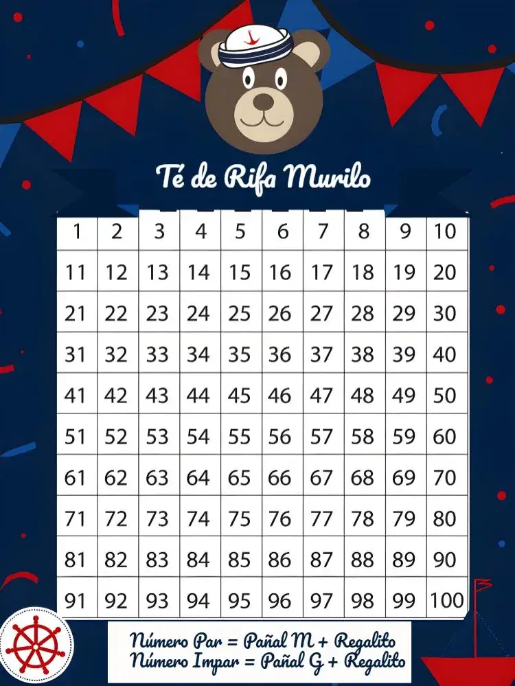 Invitación Té Rifa Osito Marinero Náutico – tema Té Rifa náutico, infantil, colorido, divertido, marinero
