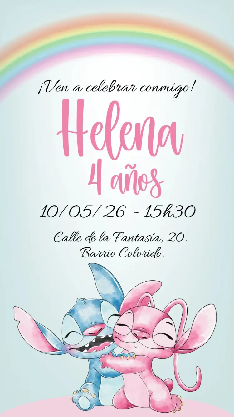 Invitación Stitch y Angel – tema Cumpleaños Infantil colorido, divertido, temático, infantil, vibrante