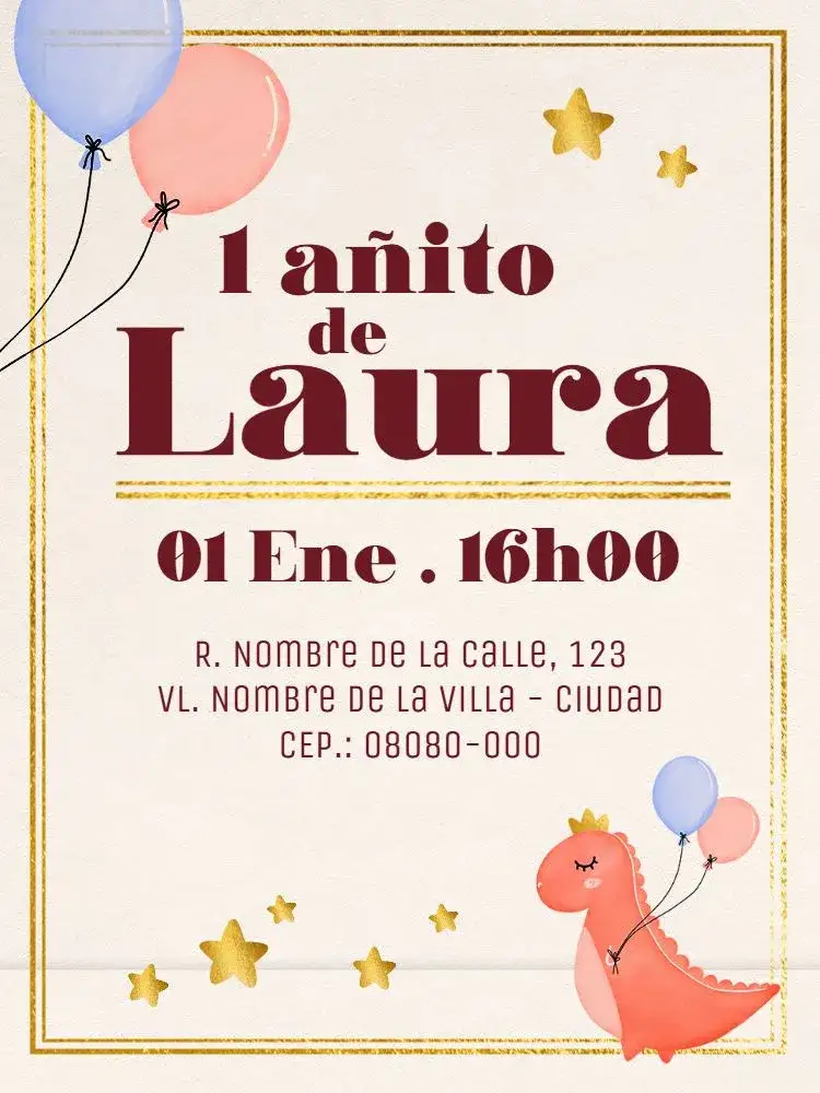 Invitación Virtual 1 Año - Dinosaurio Rosa Primer Añito – tema Cumpleaños Infantil rosa, dorado, dinosaurios, globos, delicado, infantil