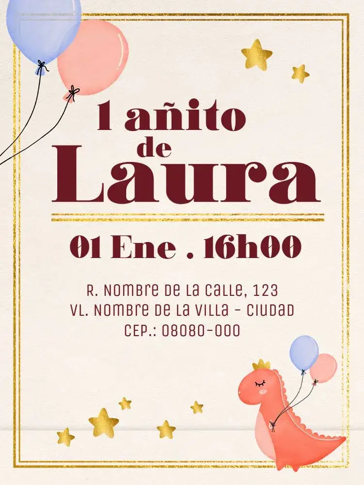 Invitación Virtual 1 Año - Dinosaurio Rosa Primer Añito editable y personalizable