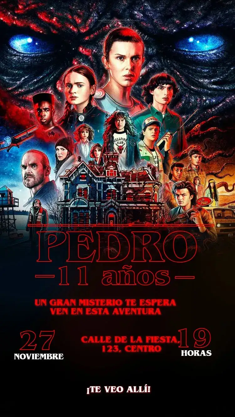 Invitación Stranger things – tema Cumpleaños misterioso, colores vivos, arte pop, retro, moderno