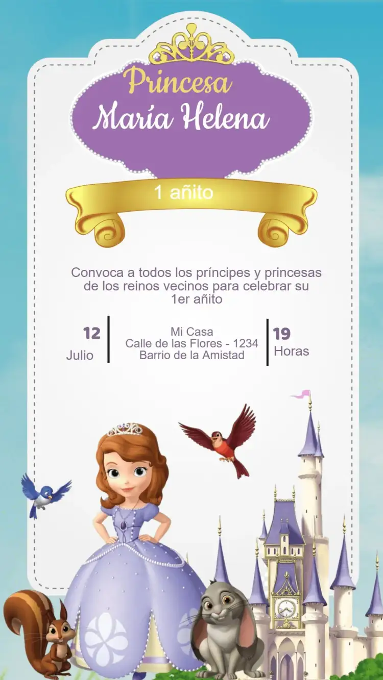 Invitación Invitación Cumpleaños Princesita Sofía – tema Cumpleaños Infantil tonos suaves, elementos de fantasía, ilustraciones de princesas, estilo lúdico, diseño encantador