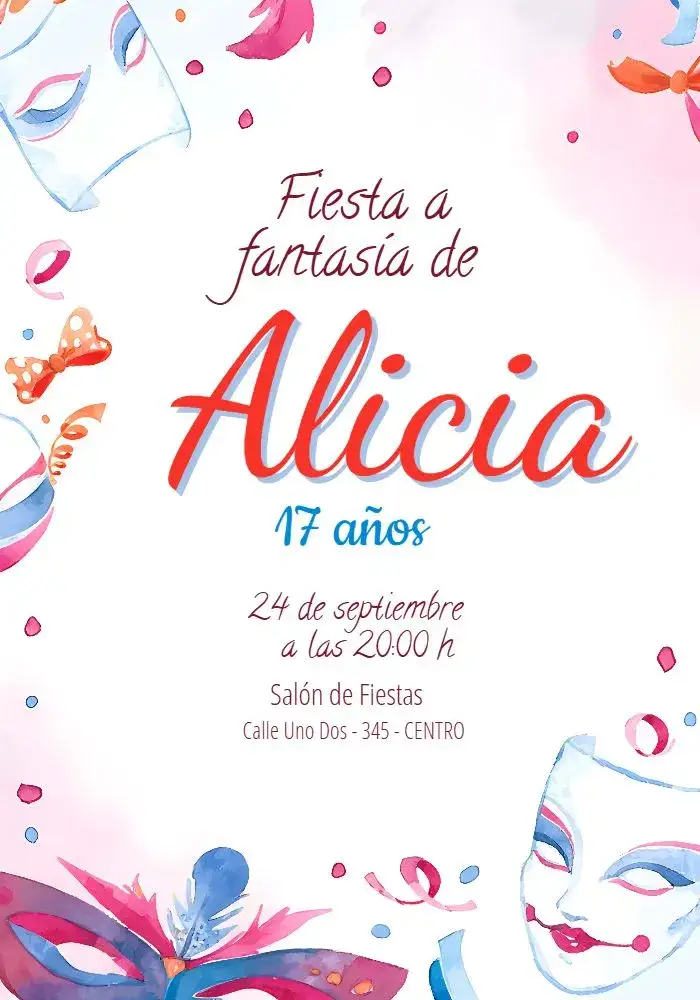 Invitación Fiesta De Disfraces Mujer – tema Fechas Conmemorativas colorido, divertido, temático, vibrante, animado, carnaval