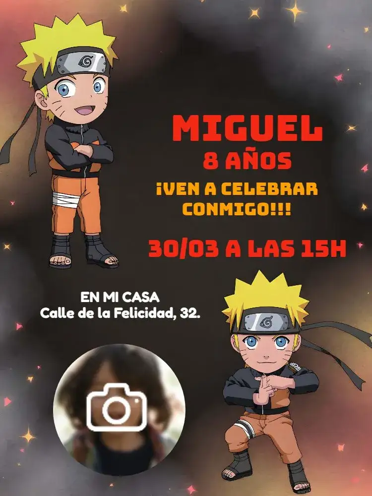 Invitación Naruto Con Foto Dibujo – tema Cumpleaños Infantil anime, aventura, colores vibrantes, ilustraciones animadas, estilo moderno
