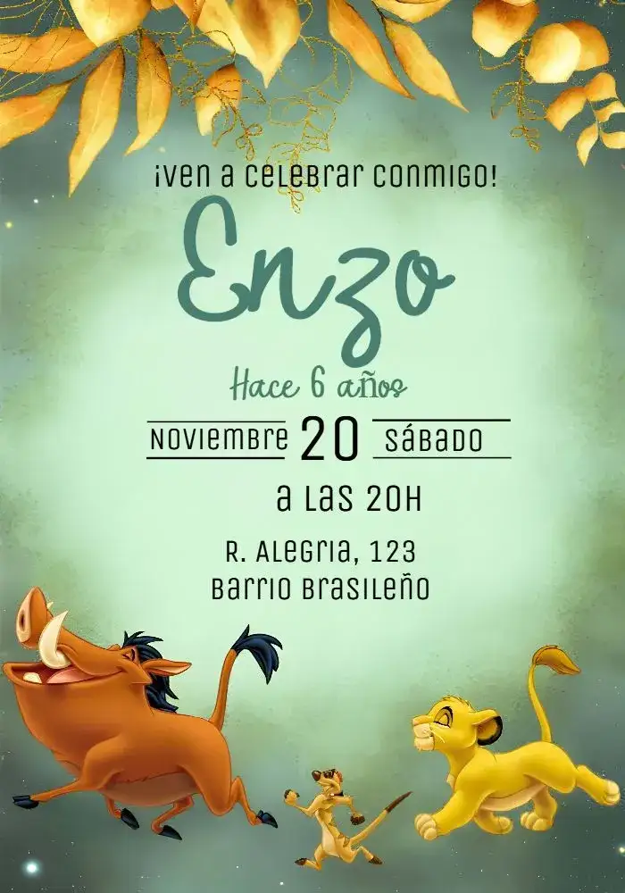 Invitación Rey León Verde – tema Cumpleaños Infantil verde, acuarela, animales, tropical, divertido, colorido