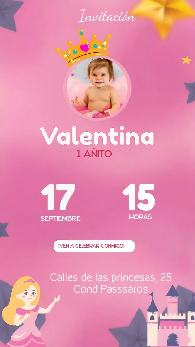 Invitación Princesa Con Foto Año – tema Fechas Conmemorativas rosa y blanco, princesa, corona, estrellas, femenino, mágico