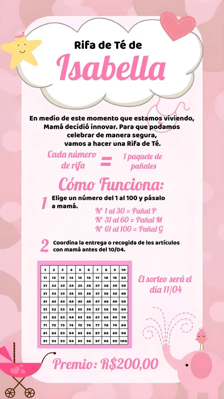 Invitación Baby Shower de Elefantita Rifa Pañales – tema Té Rifa delicado, moderno, color rosa, minimalista, ilustraciones lindas