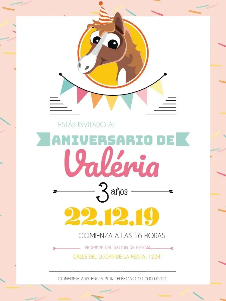 Invitación Caballito de las Bandeirinhas – tema Cumpleaños Infantil colorido, delicado, vintage, divertido, infantil, festivo