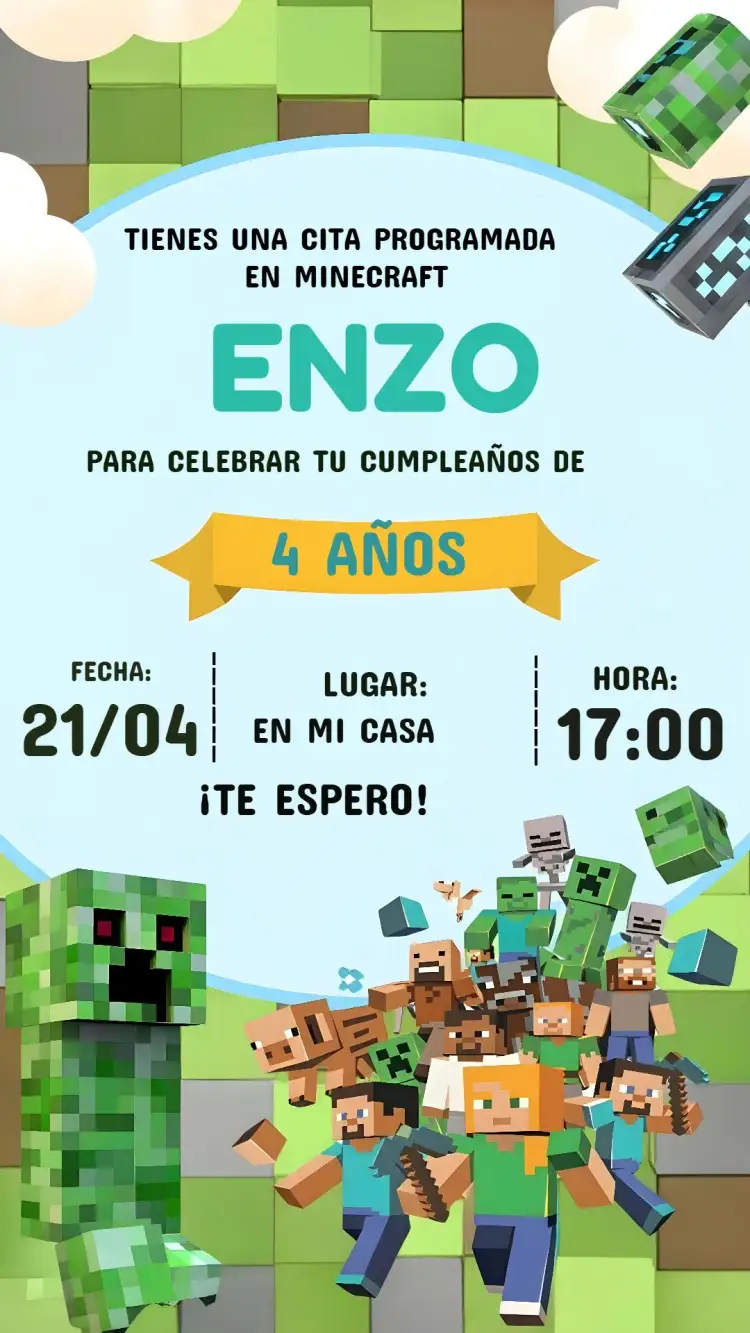 Invitación Jugador de Minecraft – tema Cumpleaños Infantil videojuego, pixelado, bloques