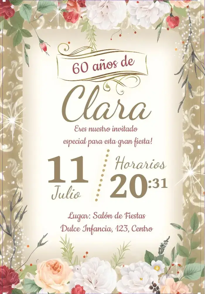 Invitación Floral 60 – tema Cumpleaños floral, dorado, elegante, moderno, romántico, femenino