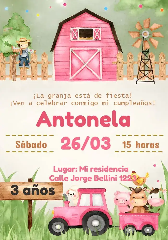 Invitación Granja Rosa de Animales – tema Más buscados rural, infantil, colorido, lúdico, natureza