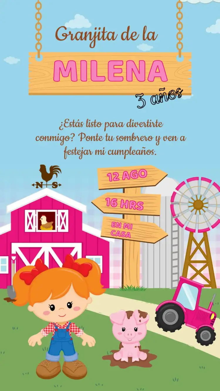 Invitación Invitación Cumpleaños Granjita – tema Cumpleaños Infantil rústico, colorido, vintage, temático, divertido, alegre