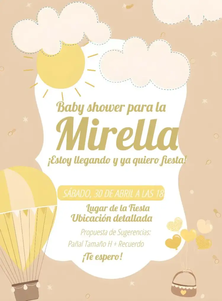 Invitación Baby Shower Globo Pañales – tema Baby Shower globos de colores, amarillo vibrante, diseño divertido, elementos infantiles, estilo alegre, ilustraciones adorables