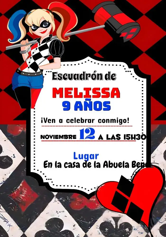 Invitación Arlequina Harley editable y personalizable