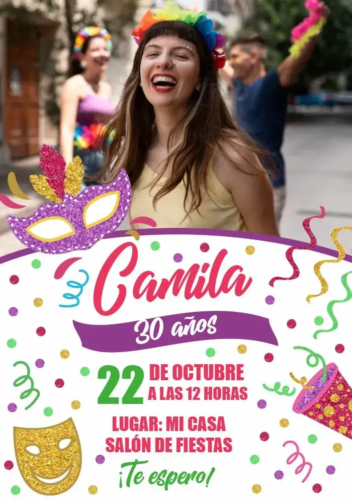 Invitación Carnaval Con Foto Máscara – tema Fechas Conmemorativas colorido, divertido, vibrante, festivo, temático, animação