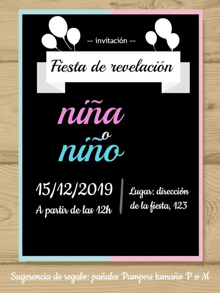 Invitación Baby Shower Revelación Madera – tema Revelación Bebé madera, rústico, globos, colores pastel, elegante, infantil
