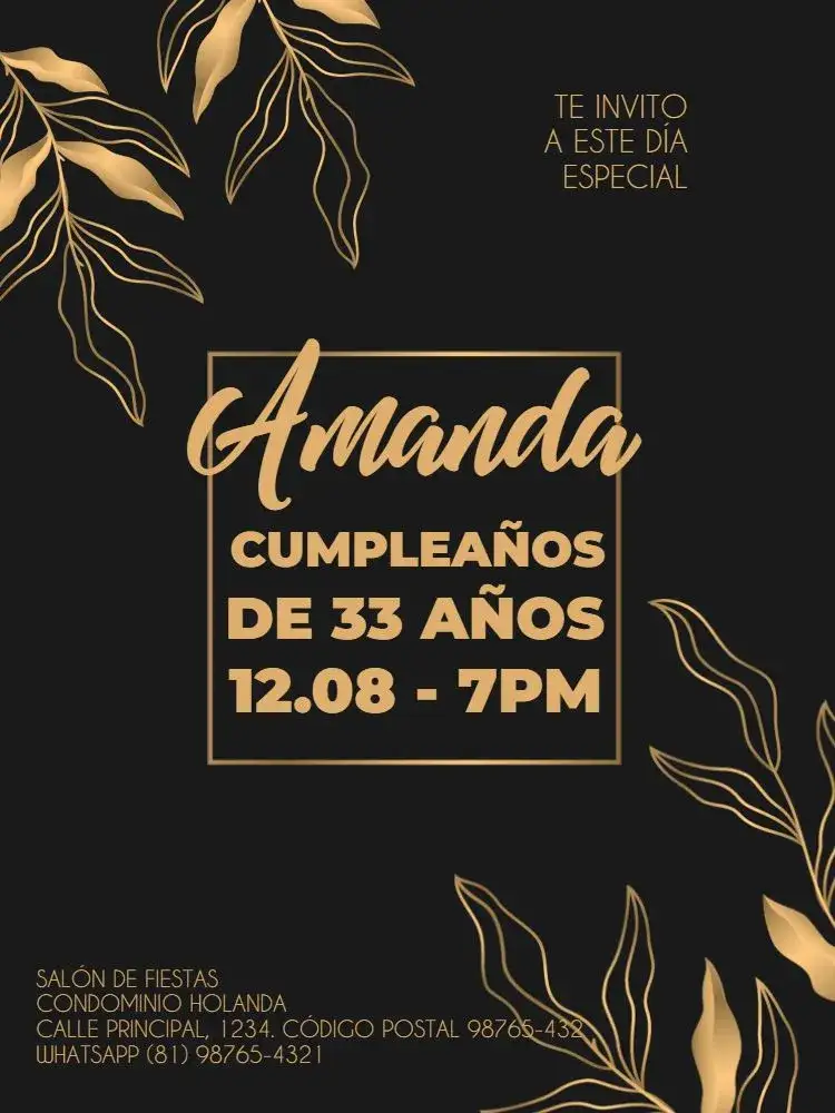 Invitación Femenino Adulto Elegante Dorado – tema Cumpleaños Infantil dorado, elegante, floral, oscuro, moderno