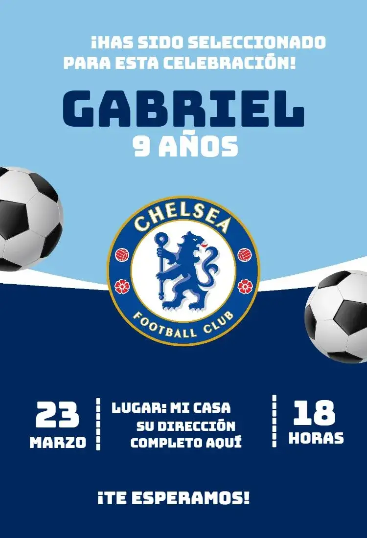 Invitación Chelsea 3 – tema Cumpleaños fútbol, azul y blanco, dinámico, moderno, deportivo