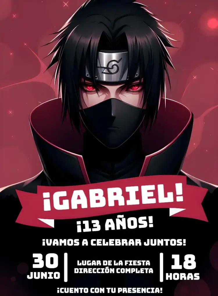 Invitación Sasuke Uchiha Akatsuki – tema Cumpleaños Infantil ninja, anime, vibrante, moderno, aventura, fantasía