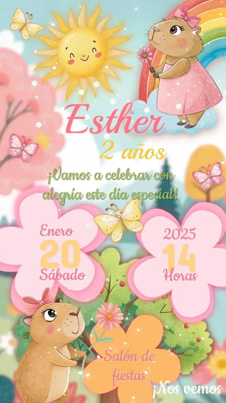 Invitación Invitación Cumpleaños Infantil Carpincho – tema Cumpleaños Infantil colorido, divertido, temática de natureza, ilustrações infantis, com presença de animais, alegre