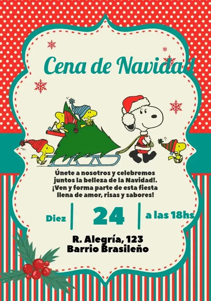 Invitación Para Cena De Navidad Snoopy Confraternización – tema Fechas Conmemorativas rojo, divertido, navideño, ilustraciones, Snoopy, Peanuts