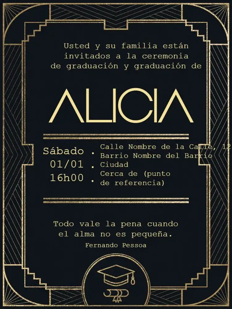 Invitación Graduación Virtual - Art Déco Geométrico – tema Graduación geométrico, art déco, dourado, elegante, moderno, sofisticado