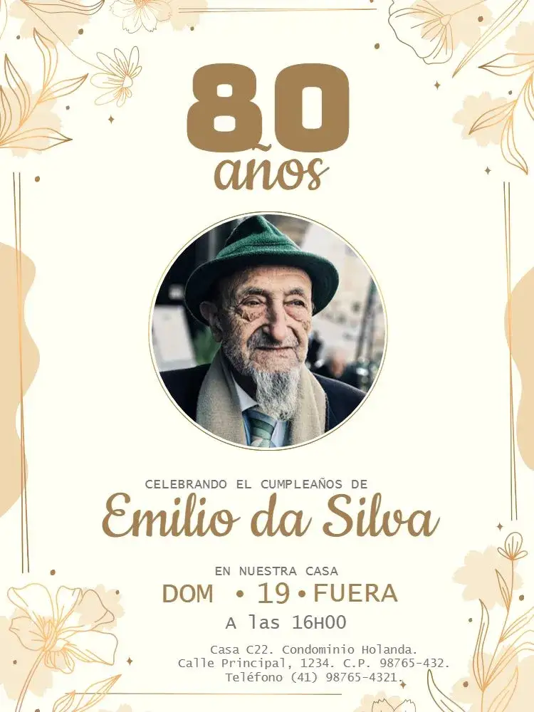 Invitación 80 Años Con Foto Beige – tema Cumpleaños Infantil beige, dorado, floral, elegante, claro, moderno