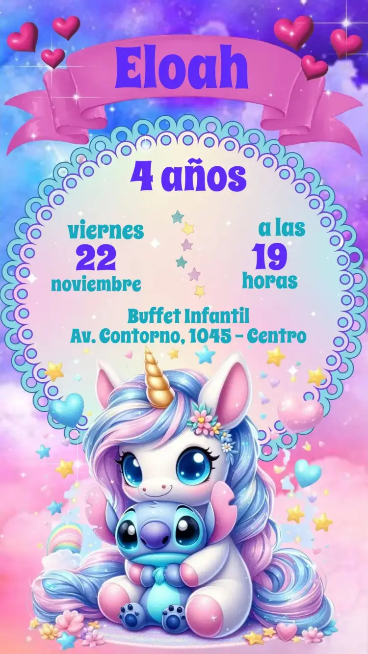 Invitación Stitch – tema Cumpleaños Infantil colorido, divertido, infantil, temático, vibrante