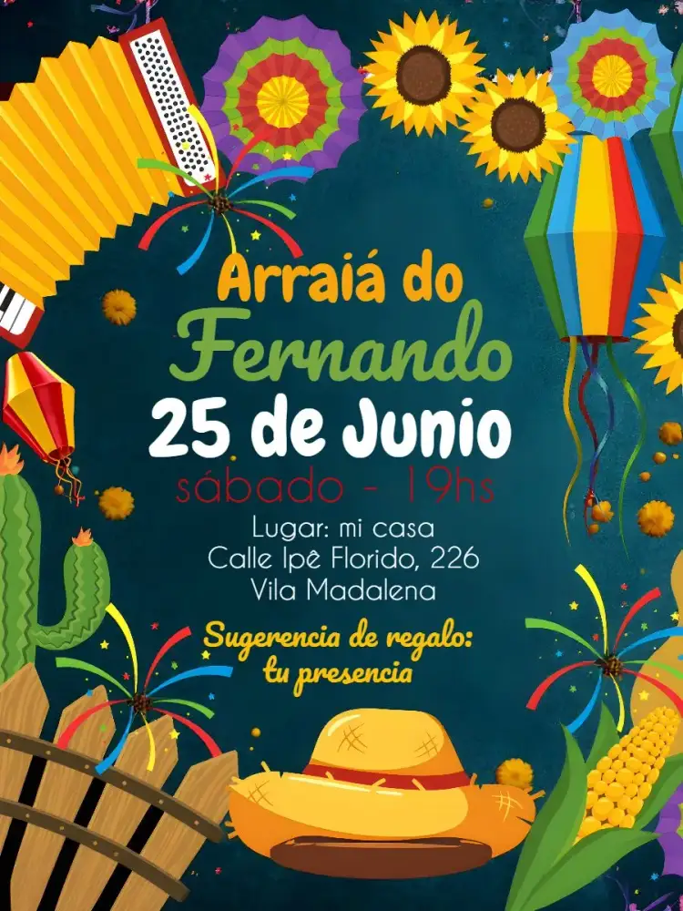 Invitación Arraiá Colorido – tema Fechas Conmemorativas colorido, caipira, festivo, vibrante, tradicional, divertido