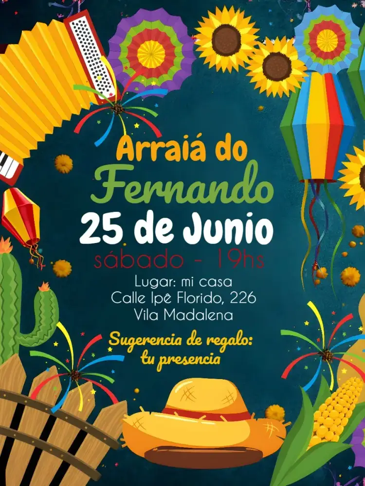 Invitación Arraiá Colorido editable y personalizable