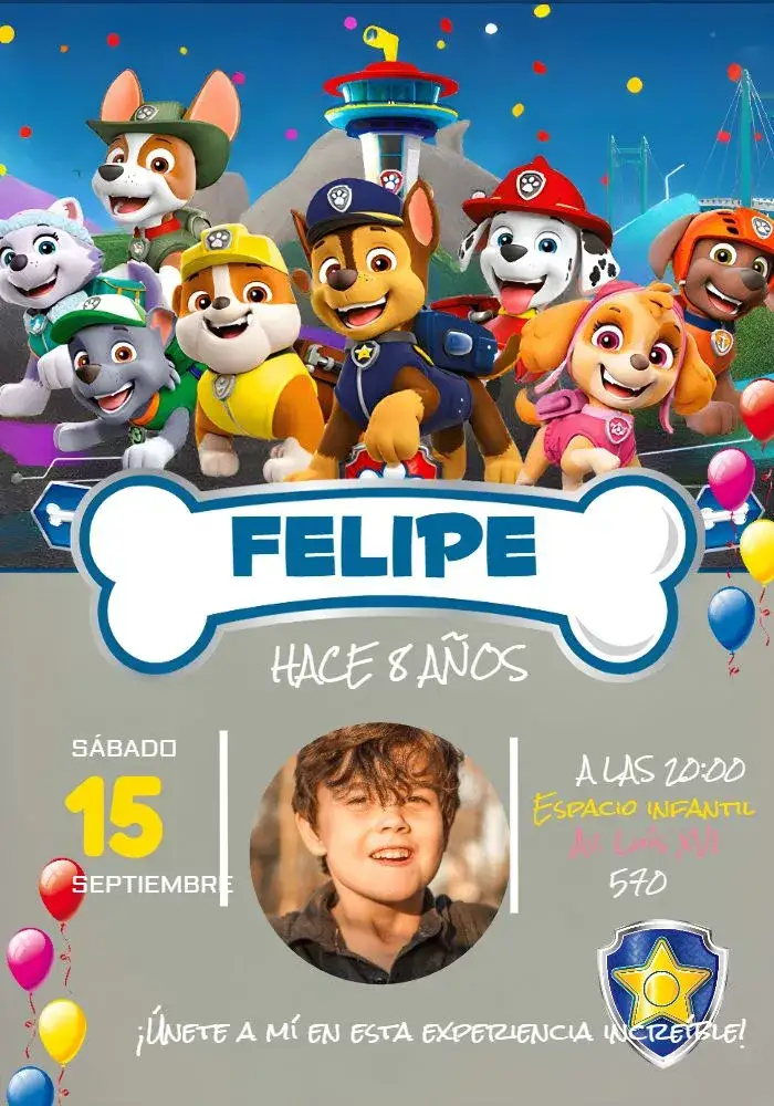 Invitación Patrulla Canina Con Foto Azul – tema Cumpleaños Infantil azul, blanco, amarillo, temático, divertido, infantil